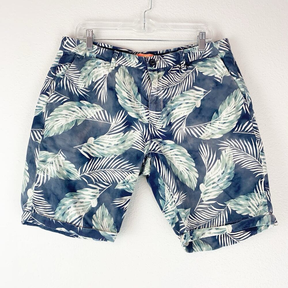 Scotch & Soda Shorts Mens 34 Chino Blue Green Tropical Print Leaves Cotton Adult